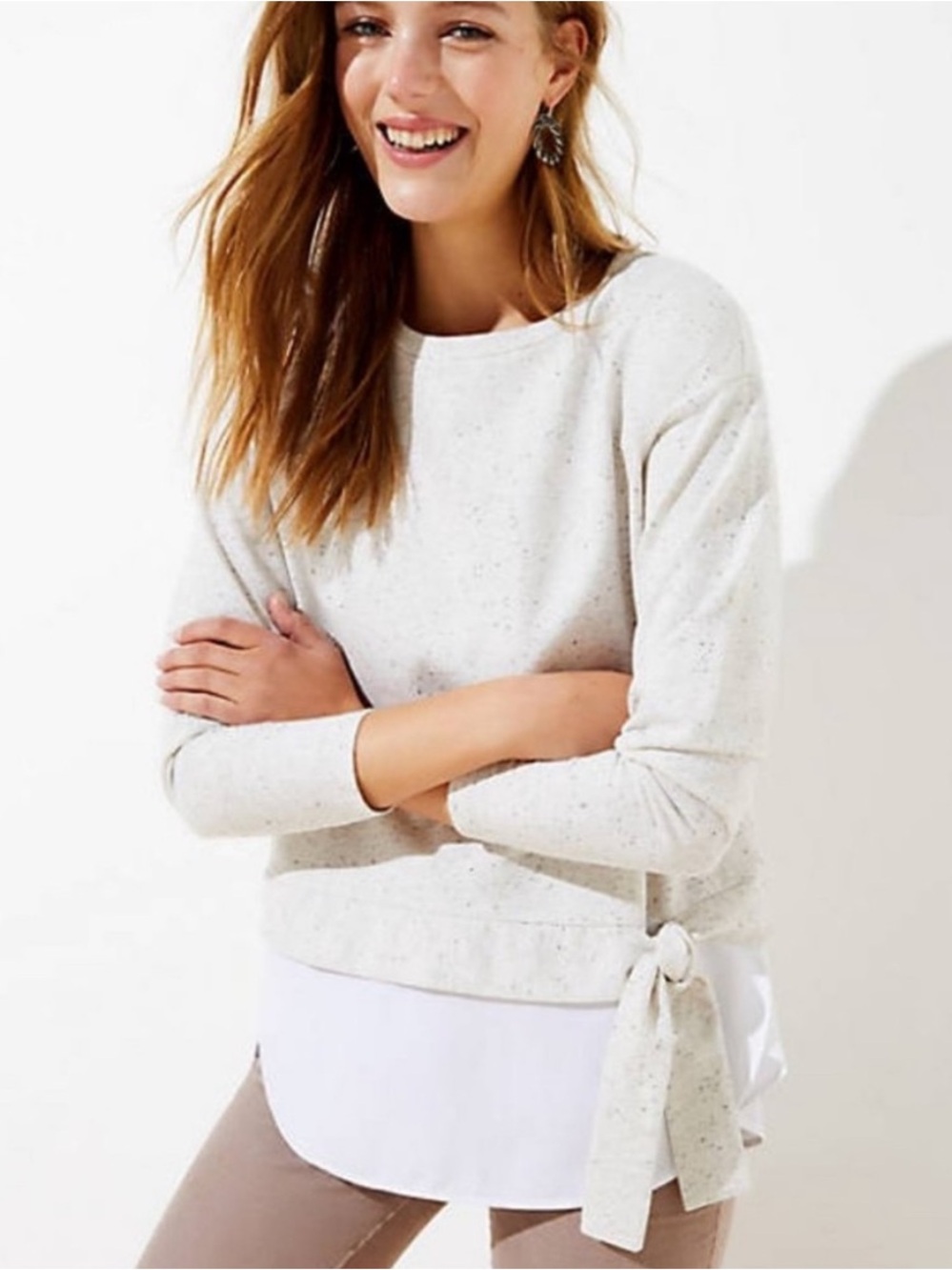 LOFT Soft Knit Flocked Tie Hem Layered Look Sweatshirt - XSmall